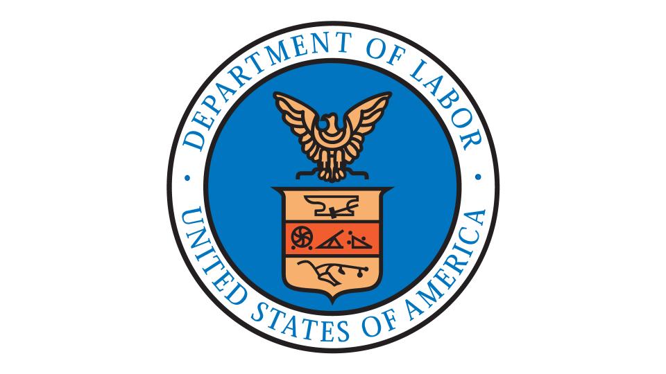 circular gold and blue department of labor logo with a gold eagle on top of a gold and orange crest with labor related icons.