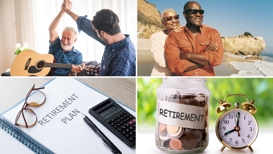 four squares with people enjoying retirement and reminders to save money