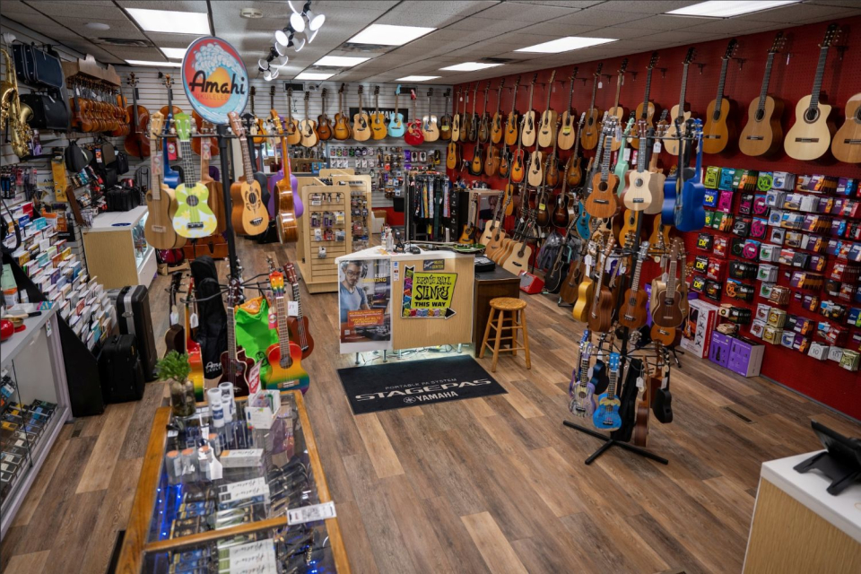 Musical instruments pack the inside of brighton music center
