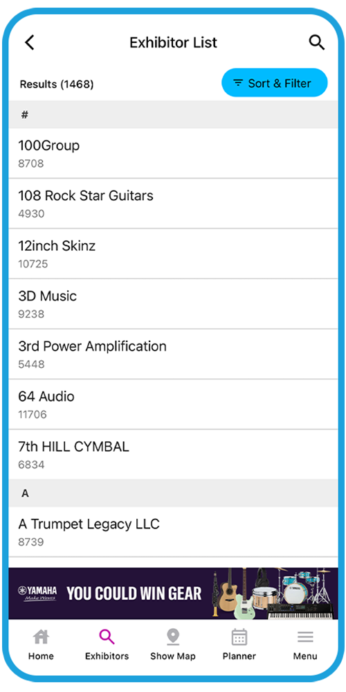 NAMM Show in-app messaging and exhibitor list