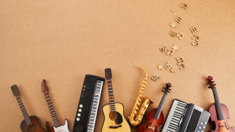 variety of instruments lined up against a beige wall