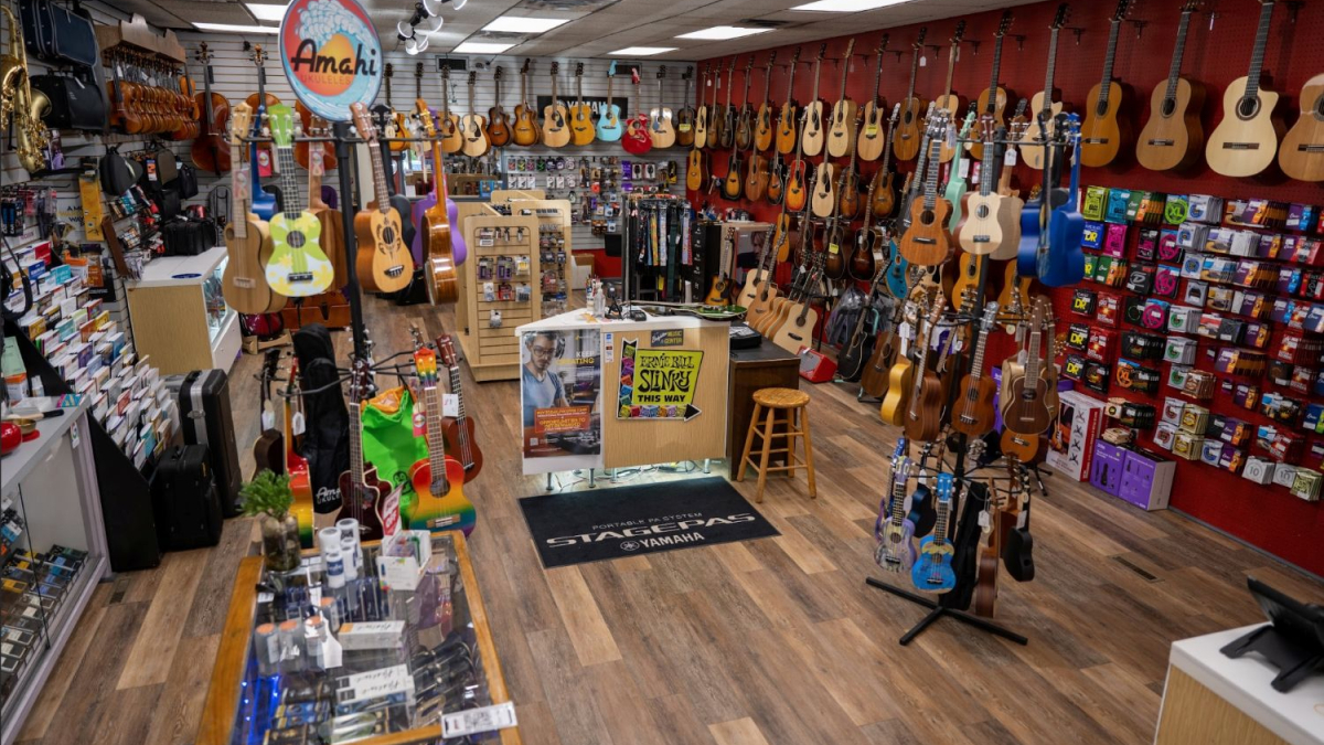 Musical instruments pack the inside of brighton music center